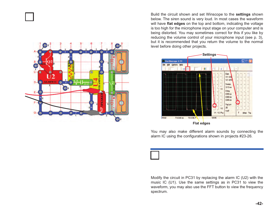 Project #pc31 police siren amplifier pc, Project #pc32 music amplifier pc | Elenco Computer Inteface for Snap Circuits® User Manual | Page 43 / 60