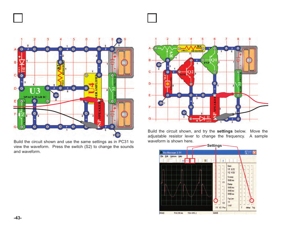 Project #pc33 space war amplifier pc, Project #pc34 adjustable tone generator pc | Elenco Computer Inteface for Snap Circuits® User Manual | Page 44 / 60