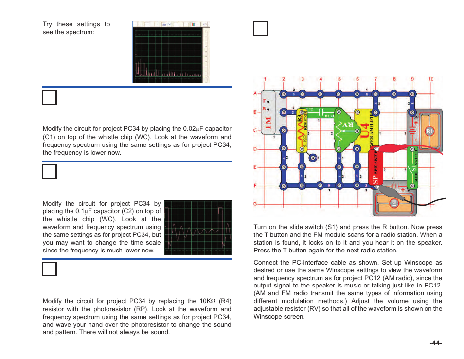 Project #pc35 adjustable tone generator pc (ii), Project #pc38 adjustable fm radio pc | Elenco Computer Inteface for Snap Circuits® User Manual | Page 45 / 60