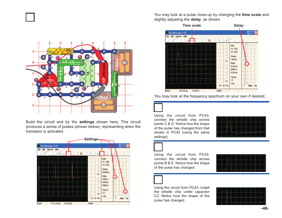 Project #pc43 oscillation sounds pc, Project #pc44, Project #pc45 | Project #pc46 | Elenco Computer Inteface for Snap Circuits® User Manual | Page 49 / 60