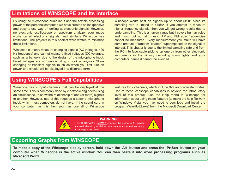 Limitations of winscope and its interface, Using winscope’s full capabilities, Exporting graphs from winscope | Elenco Computer Inteface for Snap Circuits® User Manual | Page 6 / 60