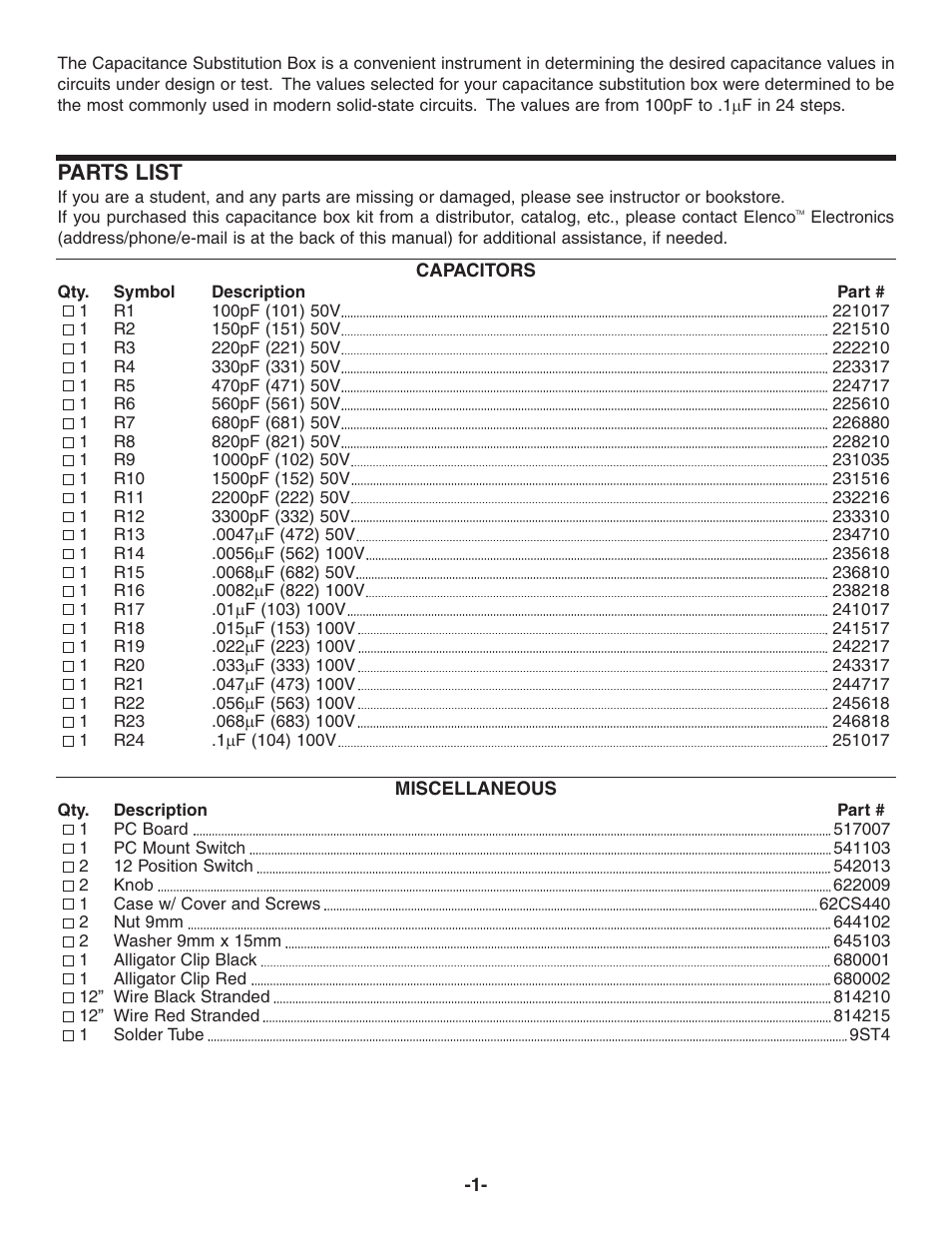 Parts list | Elenco Capacitor Substitution Box User Manual | Page 2 / 8
