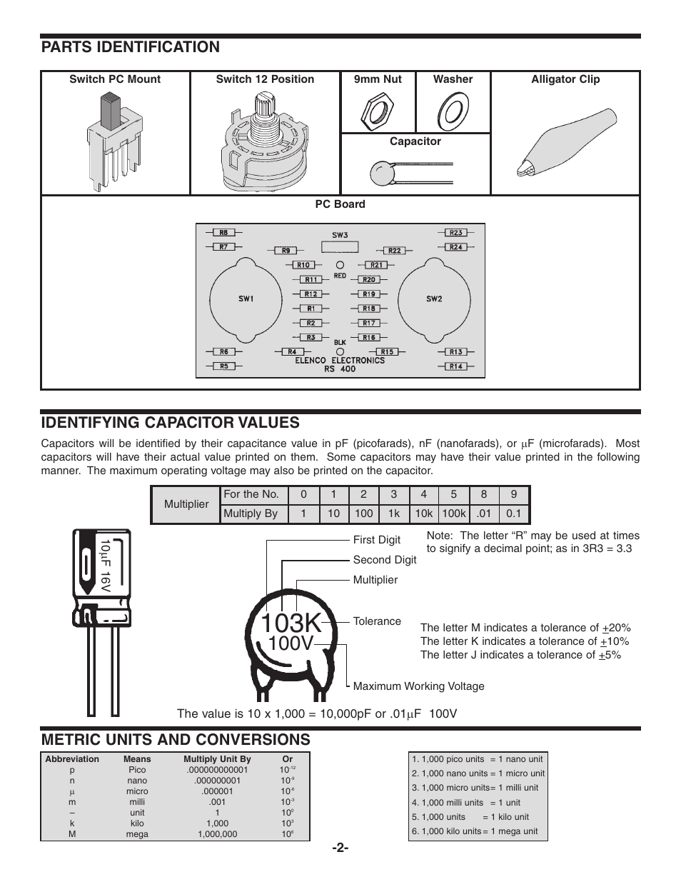 103k, 100v, Parts identification | Identifying capacitor values, Metric units and conversions | Elenco Capacitor Substitution Box User Manual | Page 3 / 8