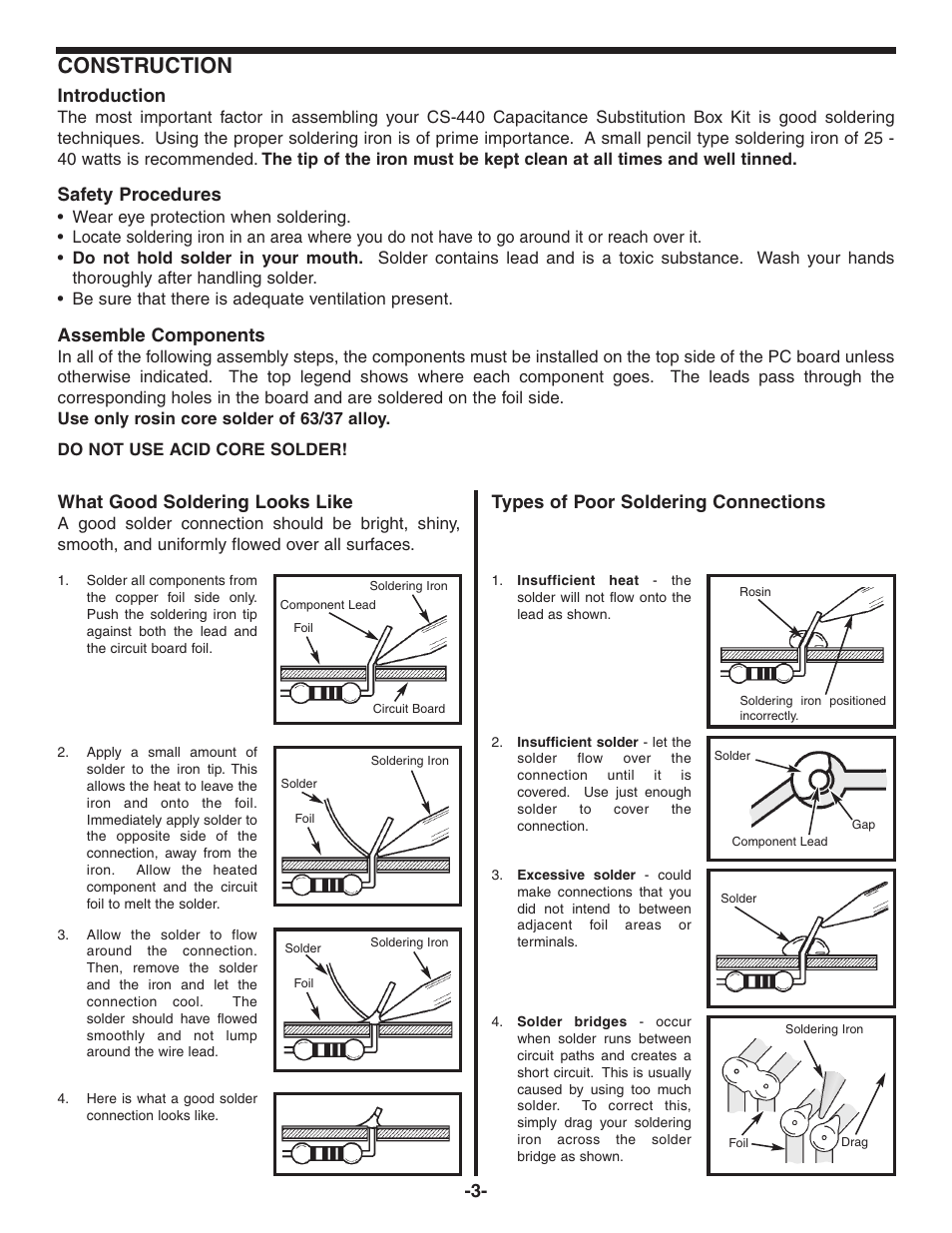 Construction, Introduction, Safety procedures | Assemble components, What good soldering looks like, Types of poor soldering connections | Elenco Capacitor Substitution Box User Manual | Page 4 / 8