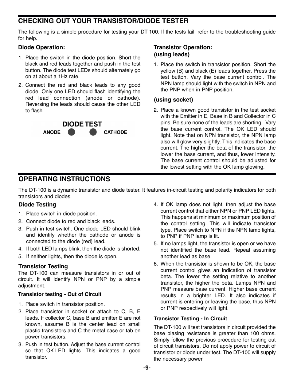 Checking out your transistor/diode tester, Operating instructions | Elenco Diode/Transistor Tester Kit User Manual | Page 10 / 12