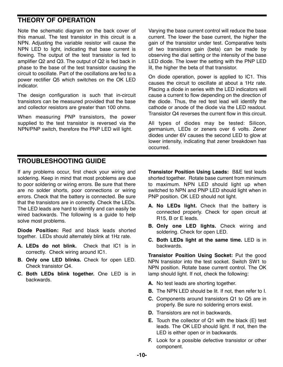 Theory of operation, Troubleshooting guide | Elenco Diode/Transistor Tester Kit User Manual | Page 11 / 12