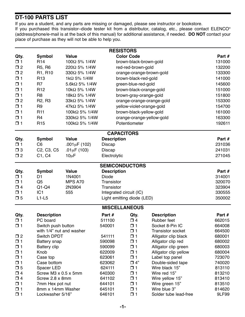 Dt-100 parts list | Elenco Diode/Transistor Tester Kit User Manual | Page 2 / 12