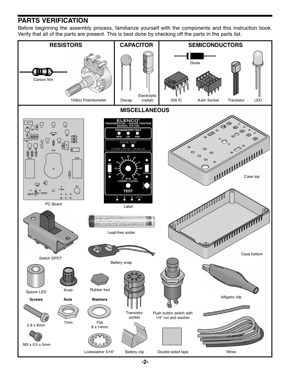Parts verification, Resistors capacitor semiconductors, Miscellaneous | Elenco Diode/Transistor Tester Kit User Manual | Page 3 / 12