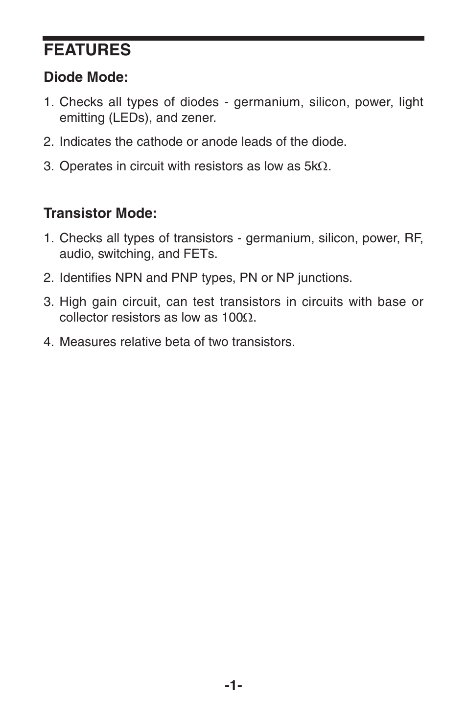 Features | Elenco Diode/Transistor Tester User Manual | Page 2 / 8