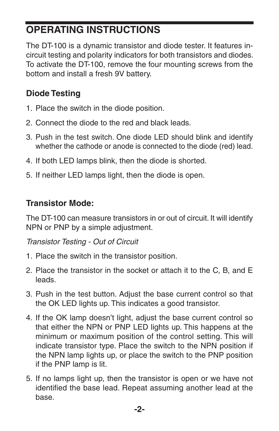 Operating instructions | Elenco Diode/Transistor Tester User Manual | Page 3 / 8