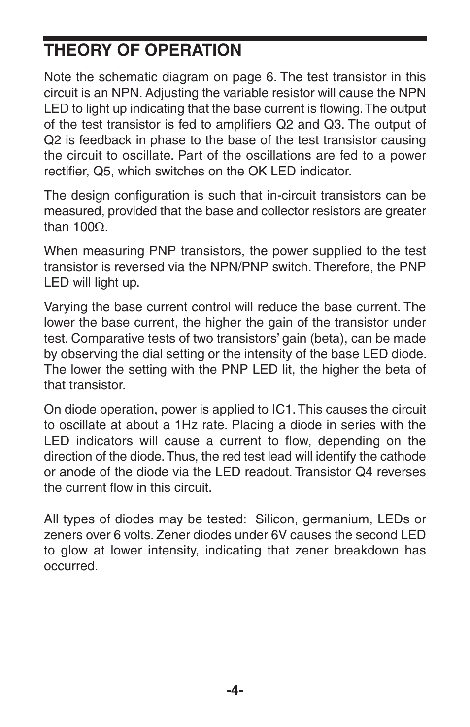 Theory of operation | Elenco Diode/Transistor Tester User Manual | Page 5 / 8