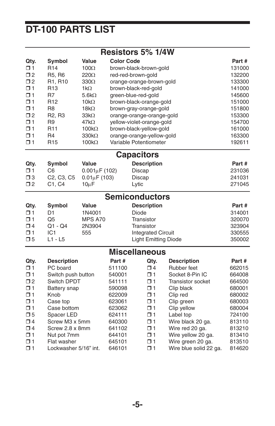 Dt-100 parts list, Resistors 5% 1/4w, Capacitors | Semiconductors, Miscellaneous | Elenco Diode/Transistor Tester User Manual | Page 6 / 8