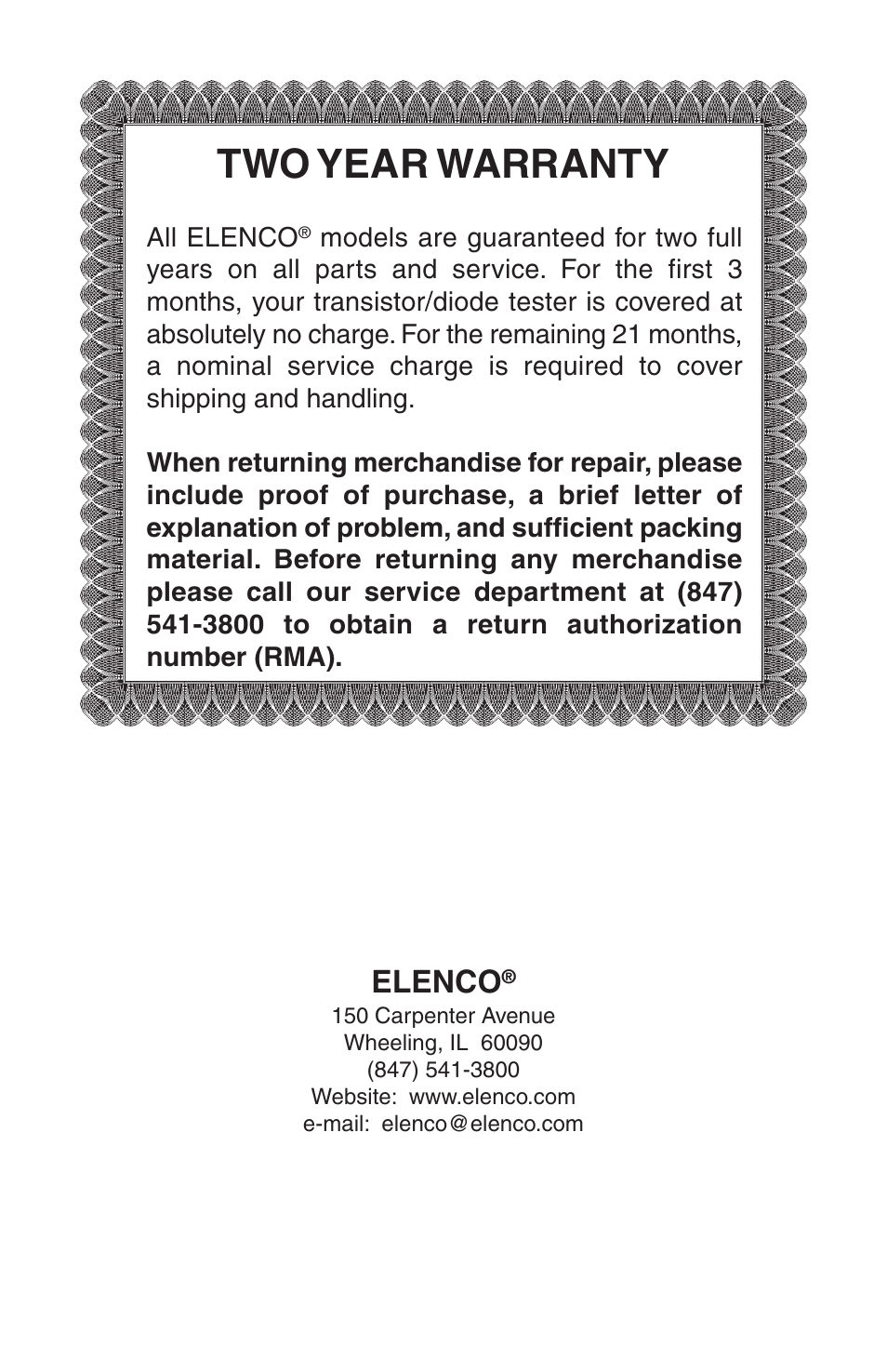 Two year warranty, Elenco | Elenco Diode/Transistor Tester User Manual | Page 8 / 8