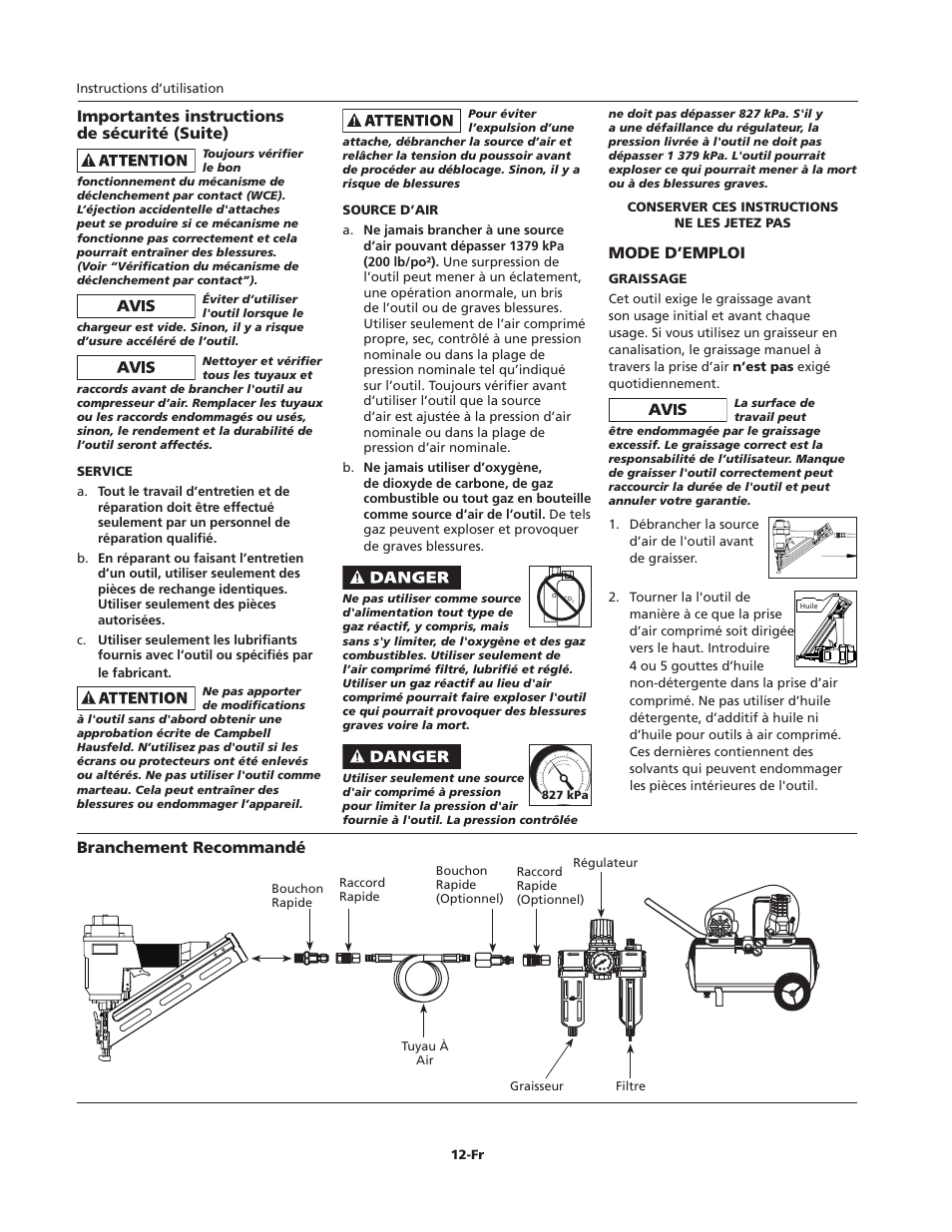 Mode d’emploi, Branchement recommandé, Importantes instructions de sécurité (suite) | Campbell Hausfeld IFN35650 User Manual | Page 12 / 24