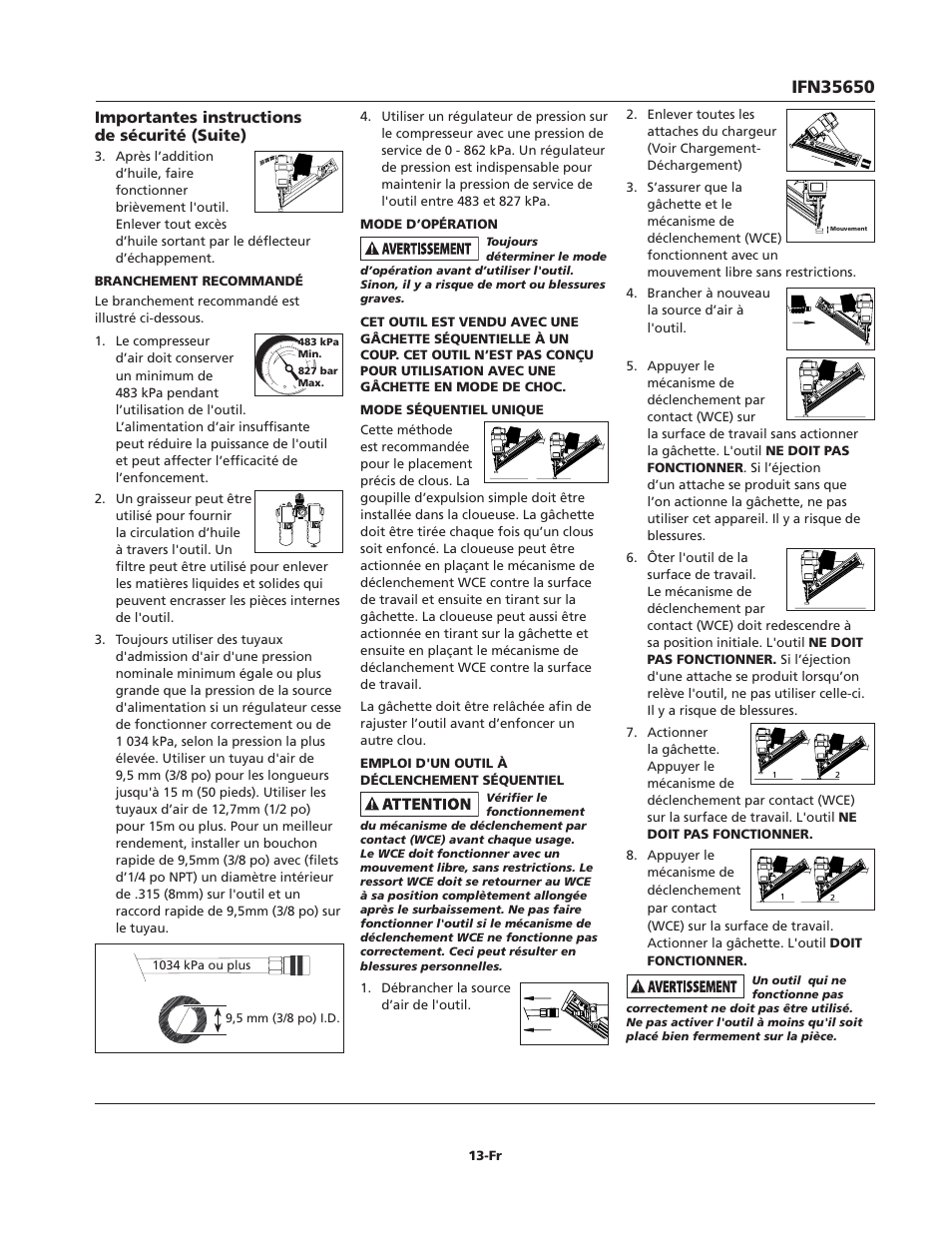 Importantes instructions de sécurité (suite) | Campbell Hausfeld IFN35650 User Manual | Page 13 / 24