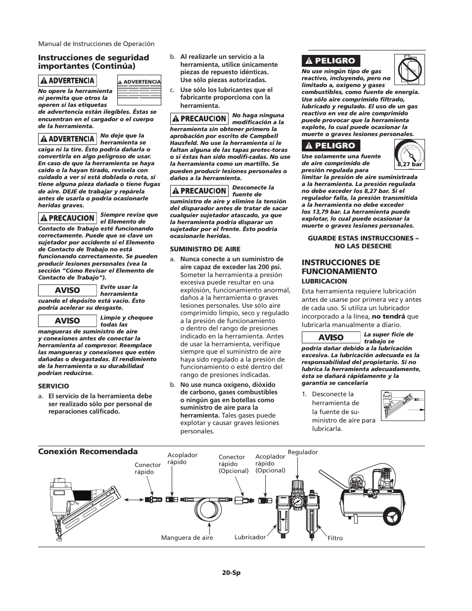 Instrucciones de funcionamiento | Campbell Hausfeld IFN35650 User Manual | Page 20 / 24