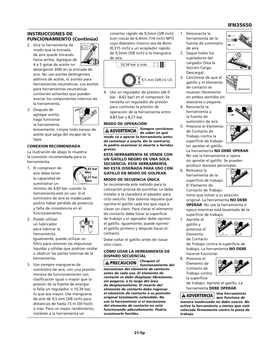 Instrucciones de funcionamiento (continúa) | Campbell Hausfeld IFN35650 User Manual | Page 21 / 24