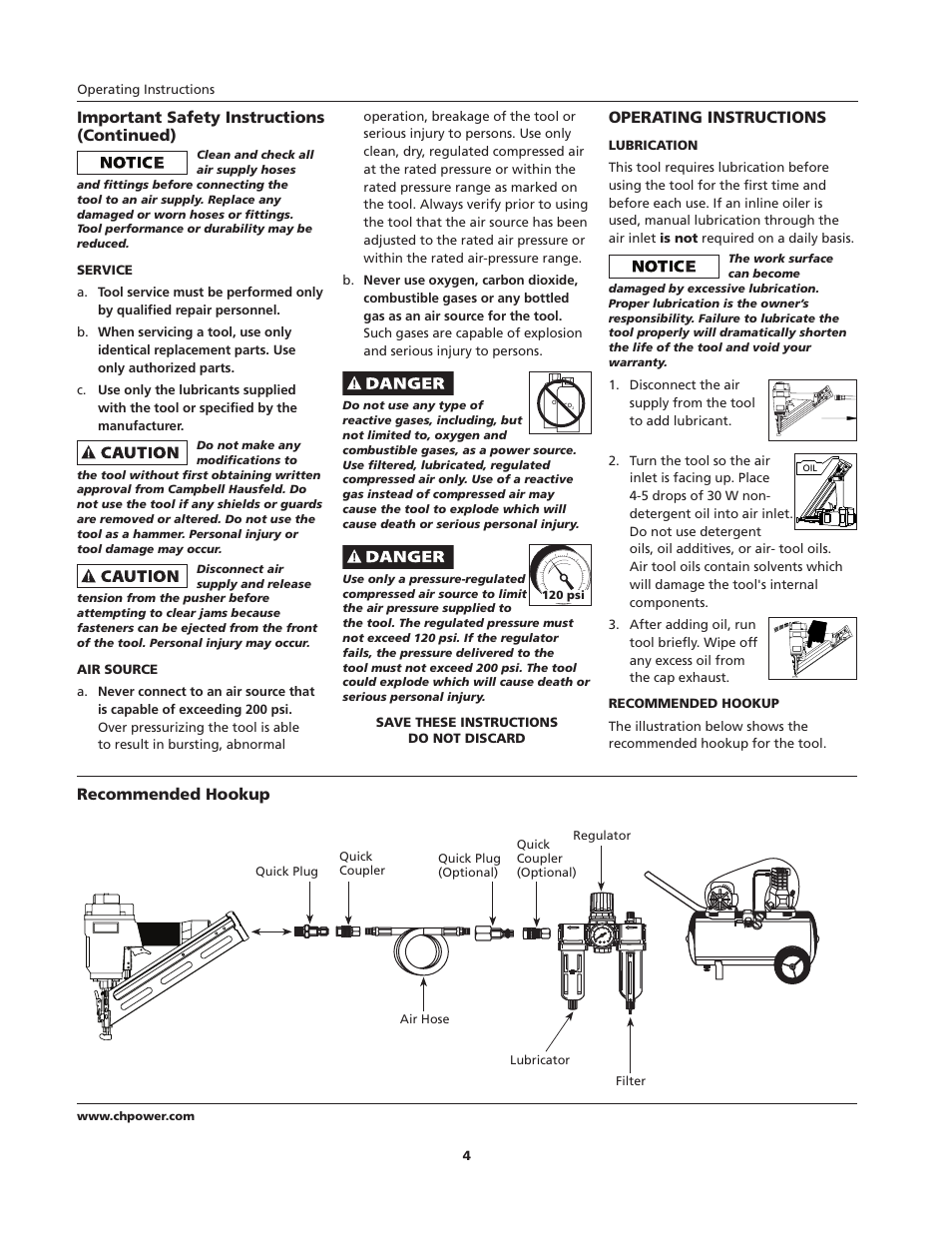 Important safety instructions (continued), Operating instructions, Recommended hookup | Campbell Hausfeld IFN35650 User Manual | Page 4 / 24