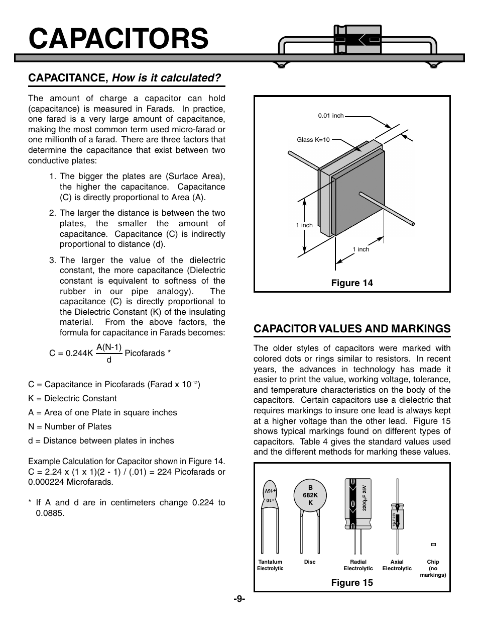 Capacitors, How is it calculated, Capacitance | Capacitor values and markings, Figure 14, Figure 15 | Elenco Electronic Component Kit User Manual | Page 10 / 28