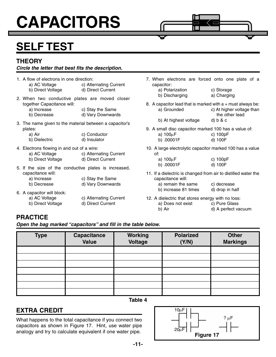 Capacitors, Self test, Theory | Practice, Extra credit | Elenco Electronic Component Kit User Manual | Page 12 / 28