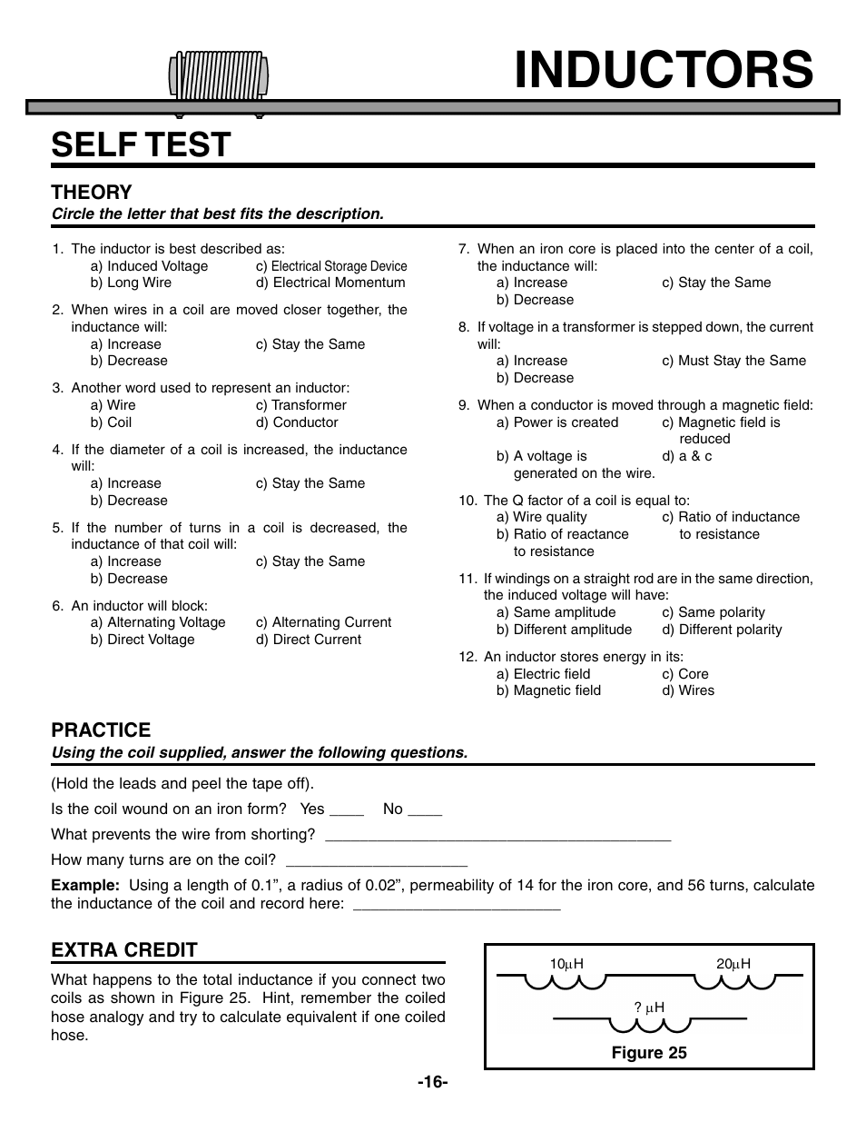 Inductors, Self test, Theory | Practice, Extra credit | Elenco Electronic Component Kit User Manual | Page 17 / 28