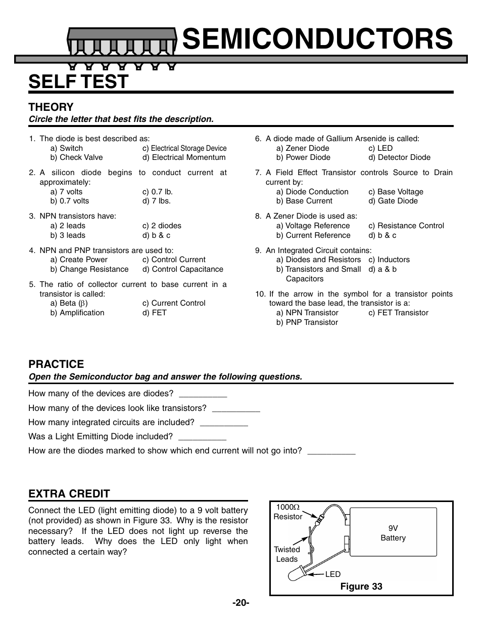 Semiconductors, Self test, Theory | Practice, Extra credit | Elenco Electronic Component Kit User Manual | Page 21 / 28