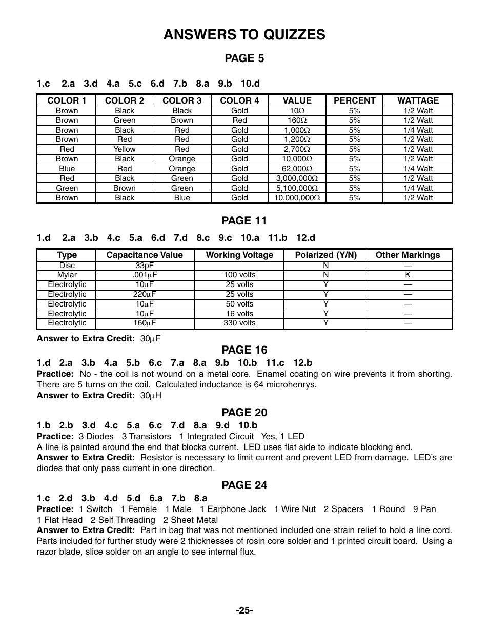 Answers to quizzes, Page 5, Page 11 | Page 16, Page 20, Page 24 | Elenco Electronic Component Kit User Manual | Page 26 / 28