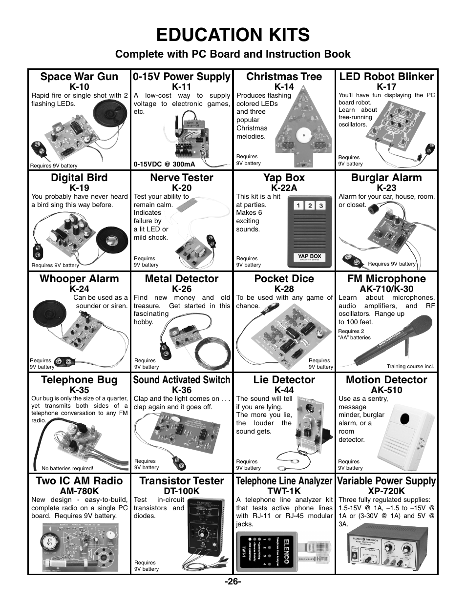 Education kits, Space war gun, 15v power supply | Christmas tree, Led robot blinker, Digital bird, Nerve tester, Yap box, Burglar alarm, Whooper alarm | Elenco Electronic Component Kit User Manual | Page 27 / 28