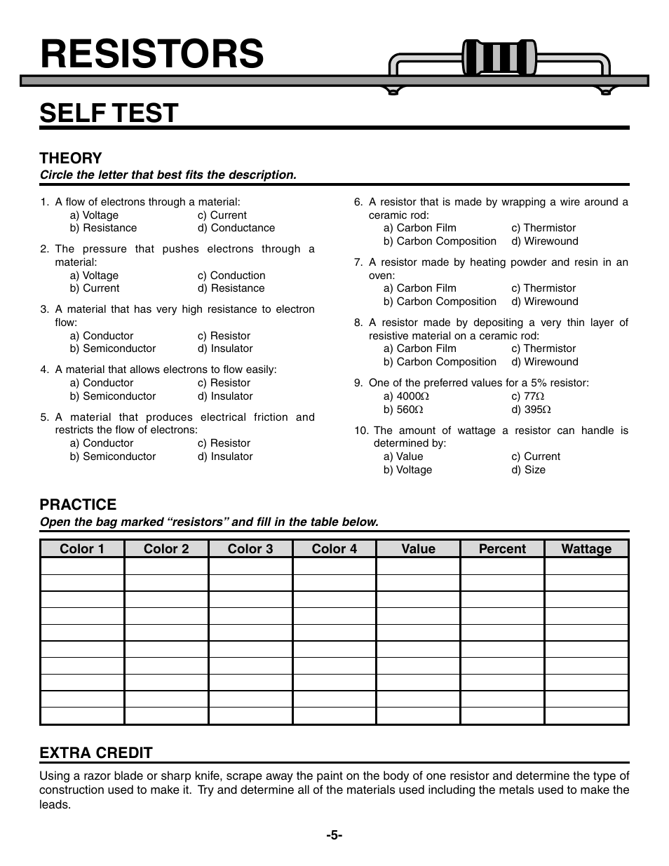 Resistors, Self test, Theory | Practice, Extra credit | Elenco Electronic Component Kit User Manual | Page 6 / 28