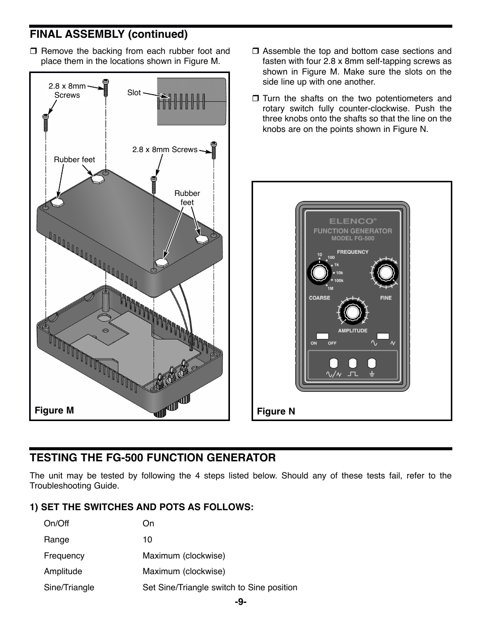 Testing the fg-500 function generator, Final assembly (continued) | Elenco 100kHz Function Generator in Kit Form User Manual | Page 10 / 16