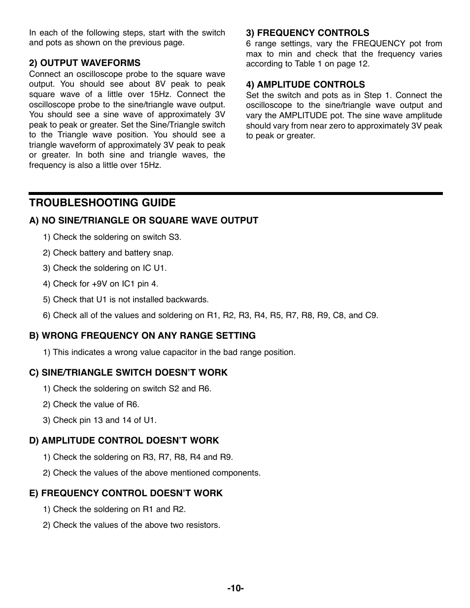 Troubleshooting guide | Elenco 100kHz Function Generator in Kit Form User Manual | Page 11 / 16