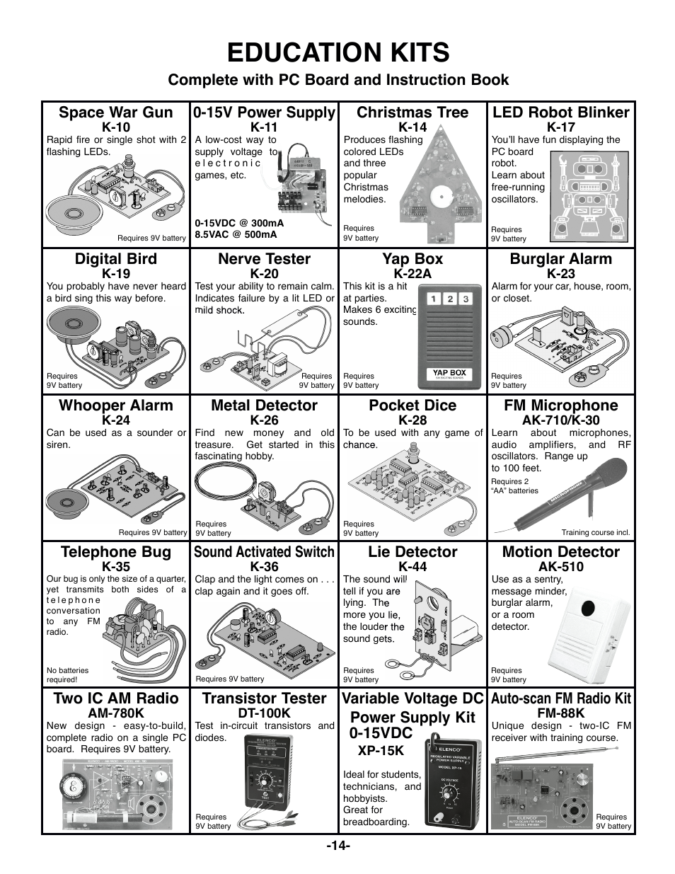 Education kits, Space war gun, 15v power supply | Christmas tree, Led robot blinker, Digital bird, Nerve tester, Yap box, Burglar alarm, Whooper alarm | Elenco 100kHz Function Generator in Kit Form User Manual | Page 15 / 16