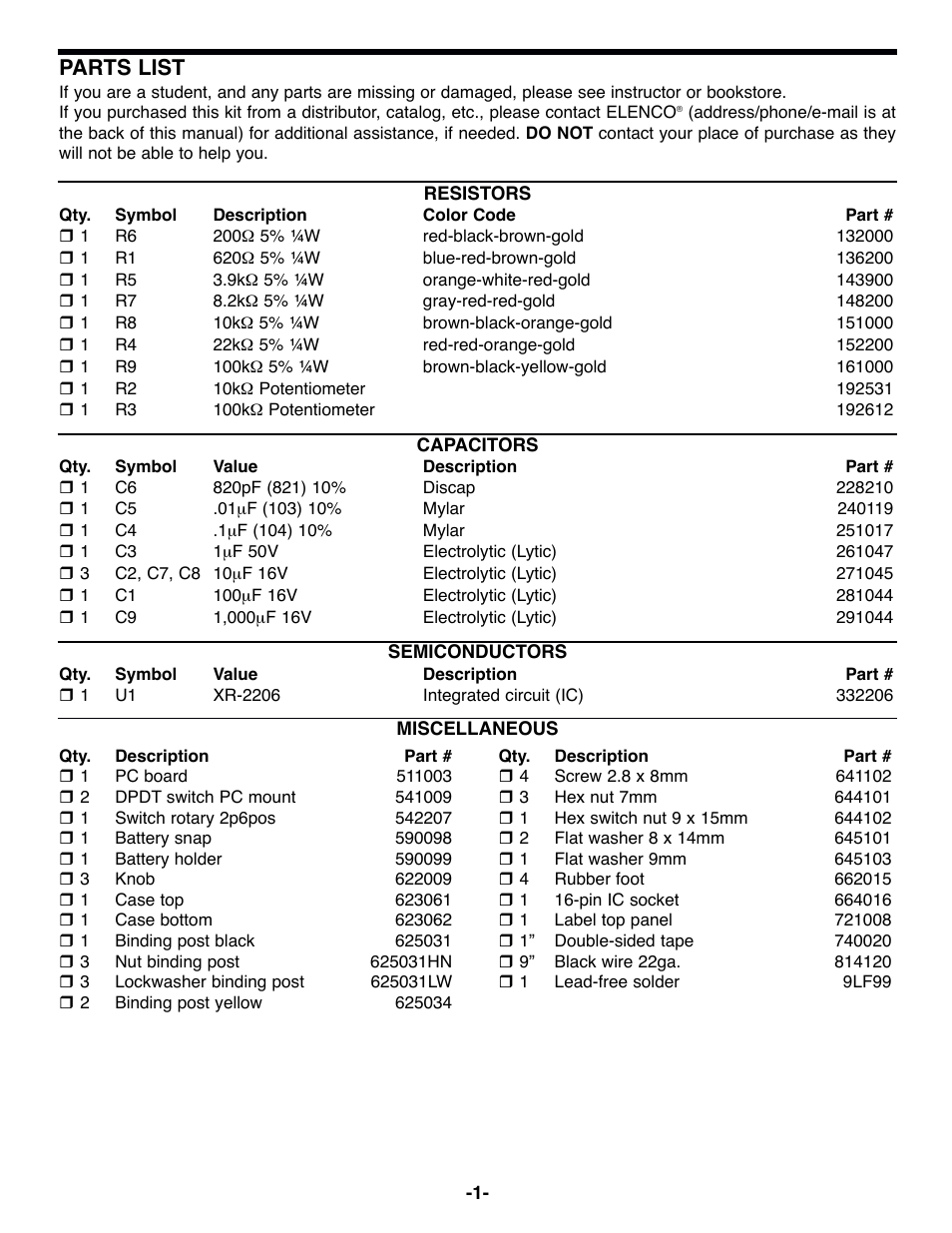 Parts list | Elenco 100kHz Function Generator in Kit Form User Manual | Page 2 / 16