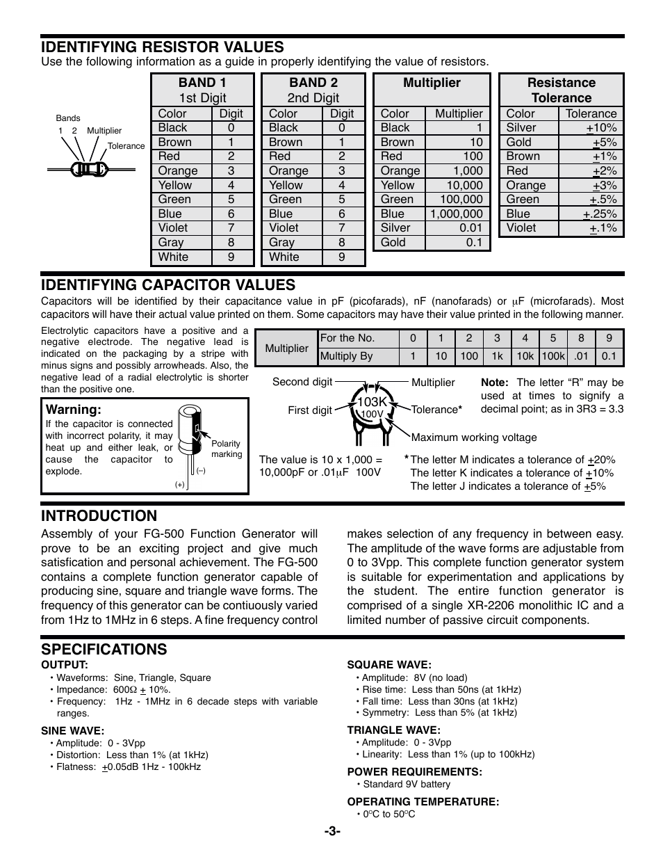 Introduction identifying capacitor values, Identifying resistor values, Specifications | Elenco 100kHz Function Generator in Kit Form User Manual | Page 4 / 16