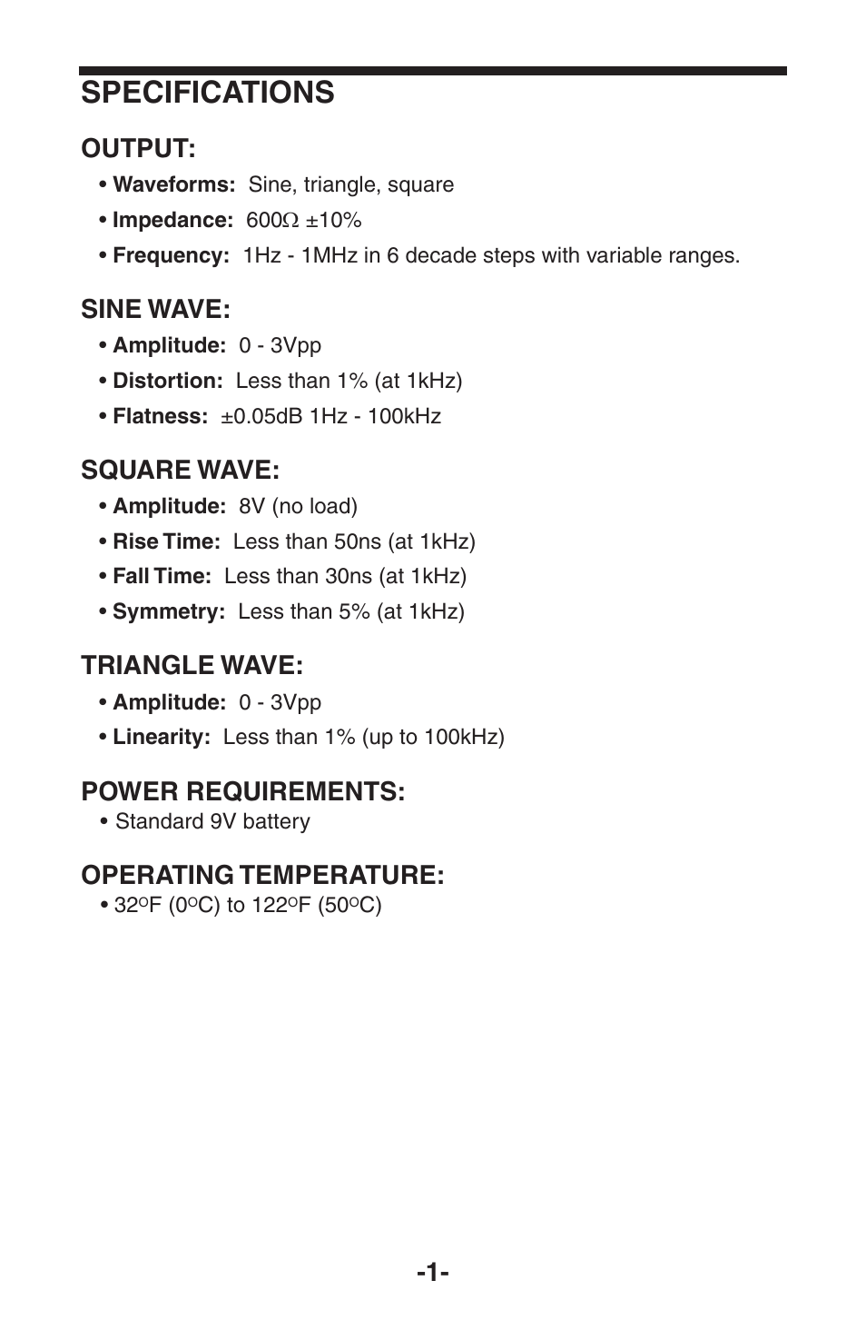 Specifications, Output, Sine wave | Square wave, Triangle wave, Power requirements, Operating temperature | Elenco 100kHz Function Generator User Manual | Page 2 / 8