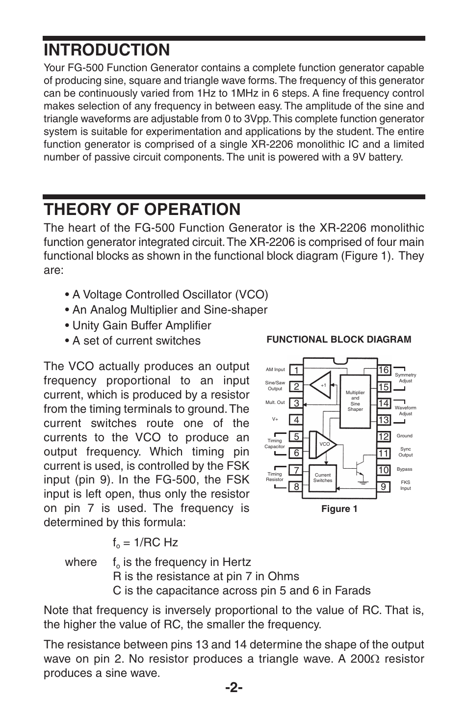 Introduction, Theory of operation, 1/rc hz where f | Elenco 100kHz Function Generator User Manual | Page 3 / 8