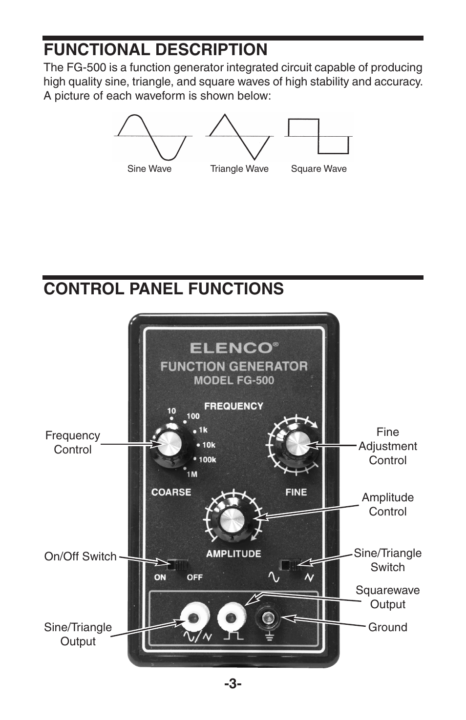 Functional description, Control panel functions | Elenco 100kHz Function Generator User Manual | Page 4 / 8