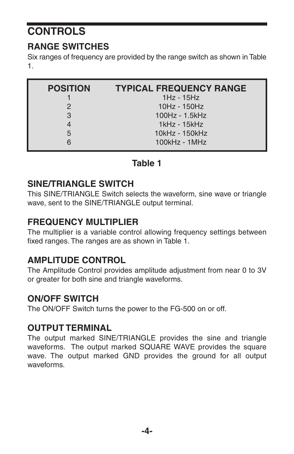 Controls | Elenco 100kHz Function Generator User Manual | Page 5 / 8