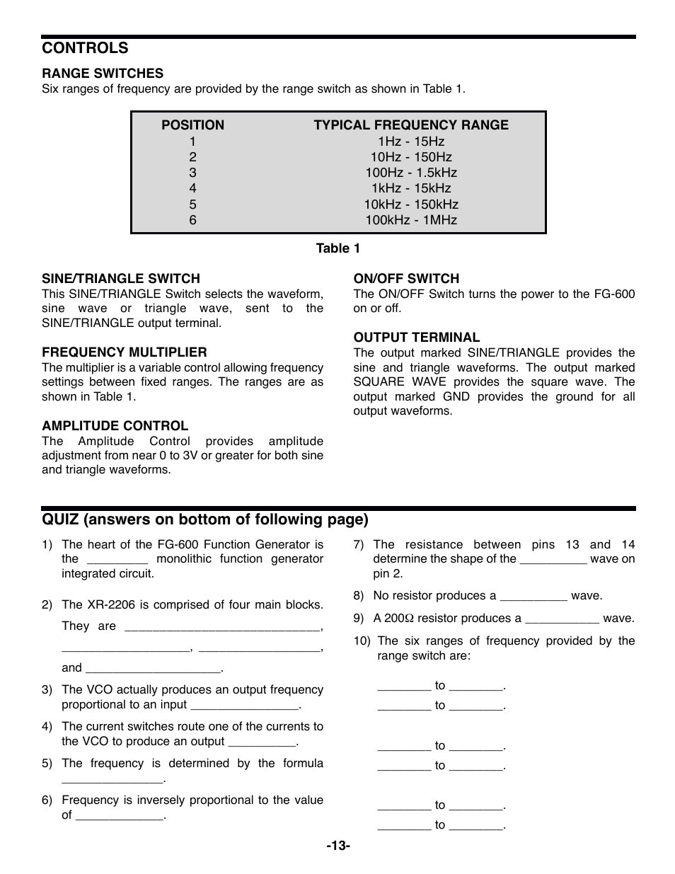Controls, Quiz (answers on bottom of following page) | Elenco Surface Mount Generator Kit User Manual | Page 14 / 16