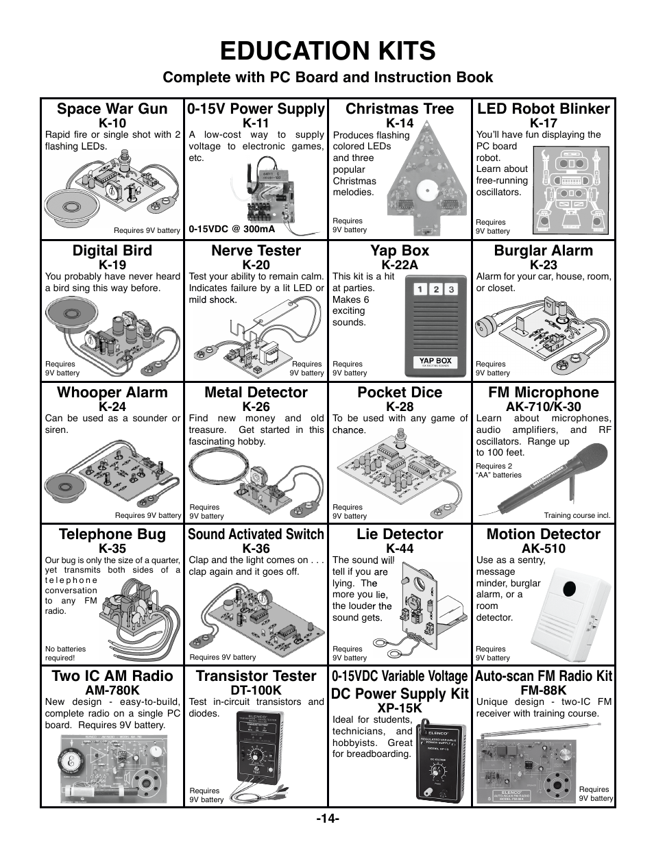Education kits, Space war gun, 15v power supply | Christmas tree, Led robot blinker, Digital bird, Nerve tester, Yap box, Burglar alarm, Whooper alarm | Elenco Surface Mount Generator Kit User Manual | Page 15 / 16