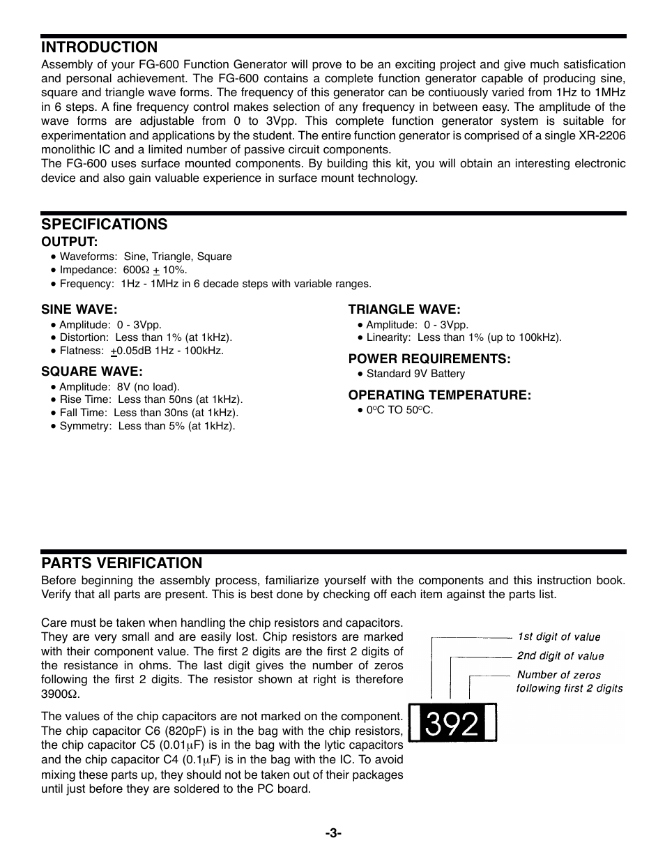 Introduction, Specifications, Parts verification | Elenco Surface Mount Generator Kit User Manual | Page 4 / 16