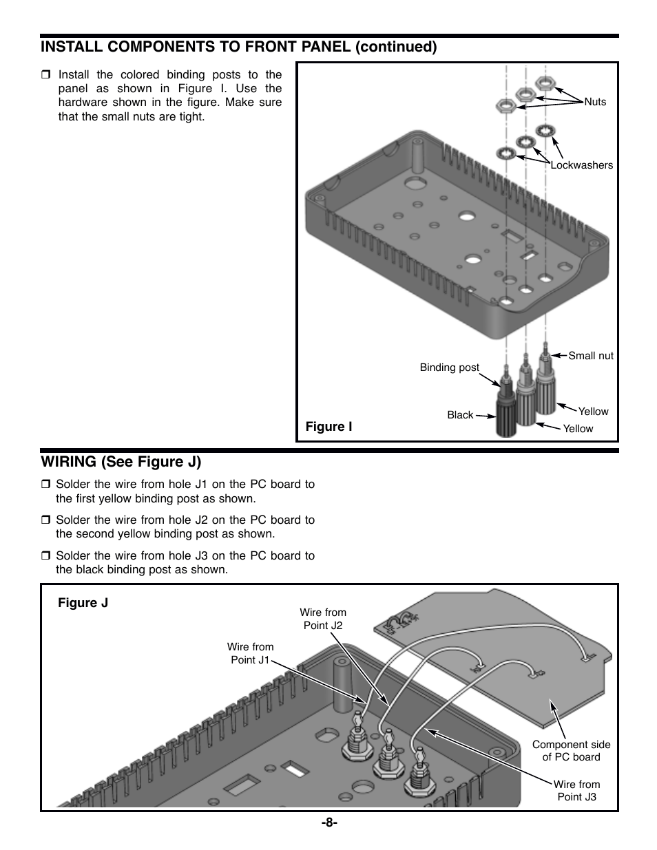 Wiring (see figure j), Install components to front panel (continued) | Elenco Surface Mount Generator Kit User Manual | Page 9 / 16
