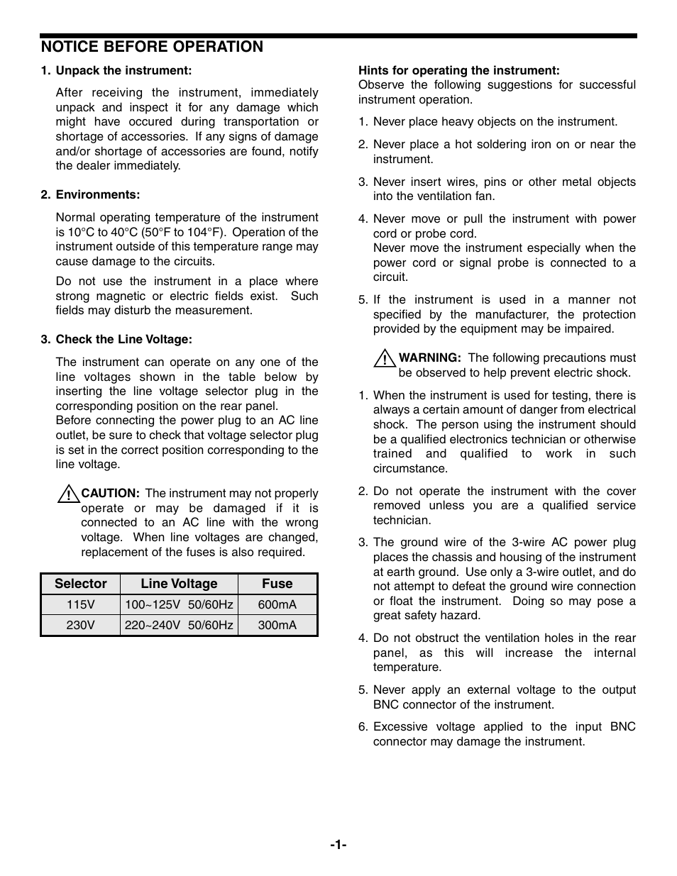 Notice before operation | Elenco 5MHz Function Generator User Manual | Page 2 / 12