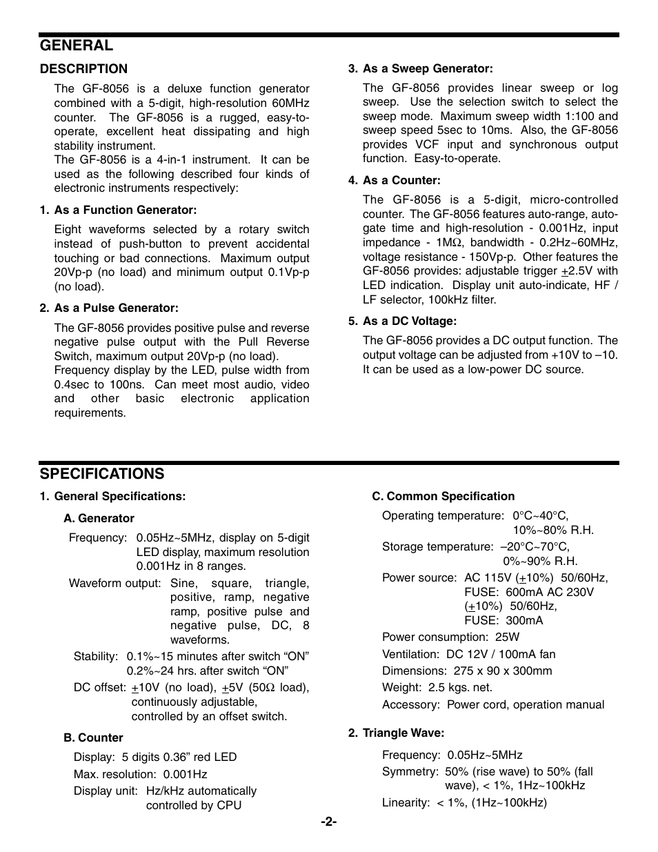 General, Specifications | Elenco 5MHz Function Generator User Manual | Page 3 / 12