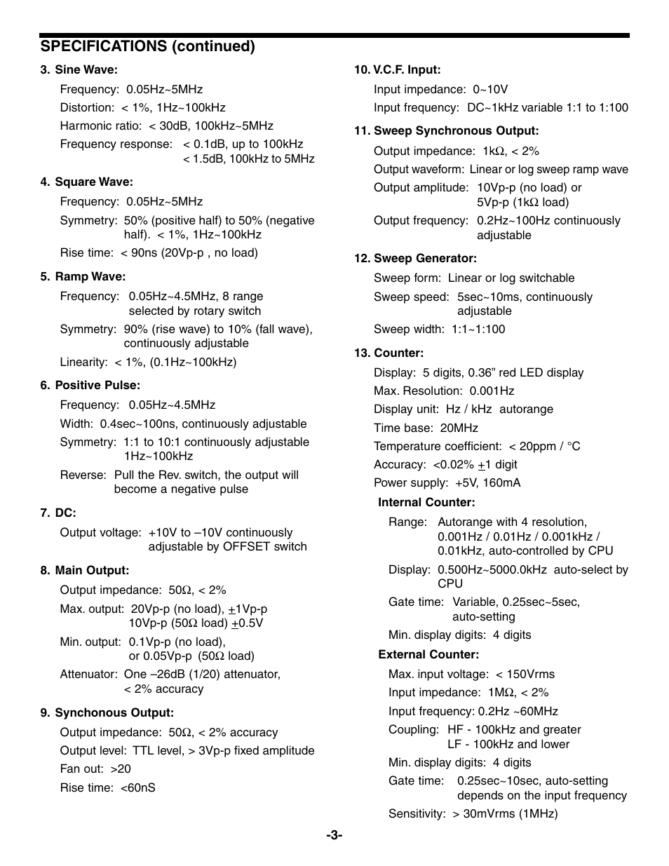 Specifications (continued) | Elenco 5MHz Function Generator User Manual | Page 4 / 12