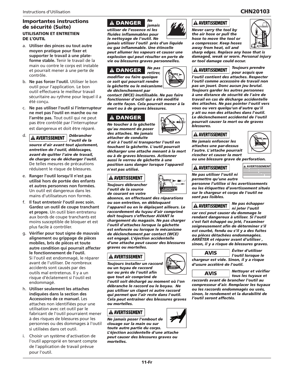 Importantes instructions de sécurité (suite) | Campbell Hausfeld CHN20103 User Manual | Page 11 / 24
