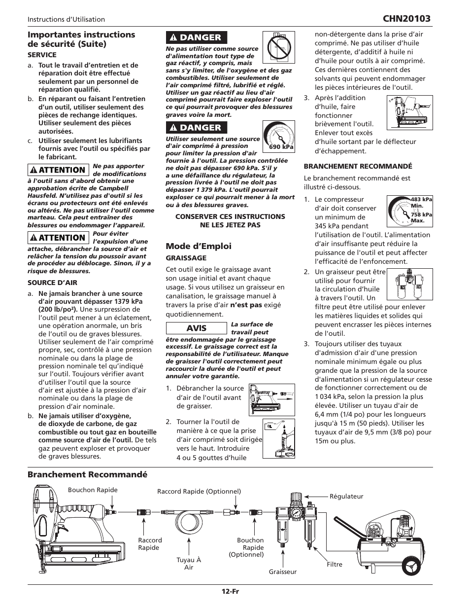 Importantes instructions de sécurité (suite), Mode d’emploi, Branchement recommandé | Campbell Hausfeld CHN20103 User Manual | Page 12 / 24