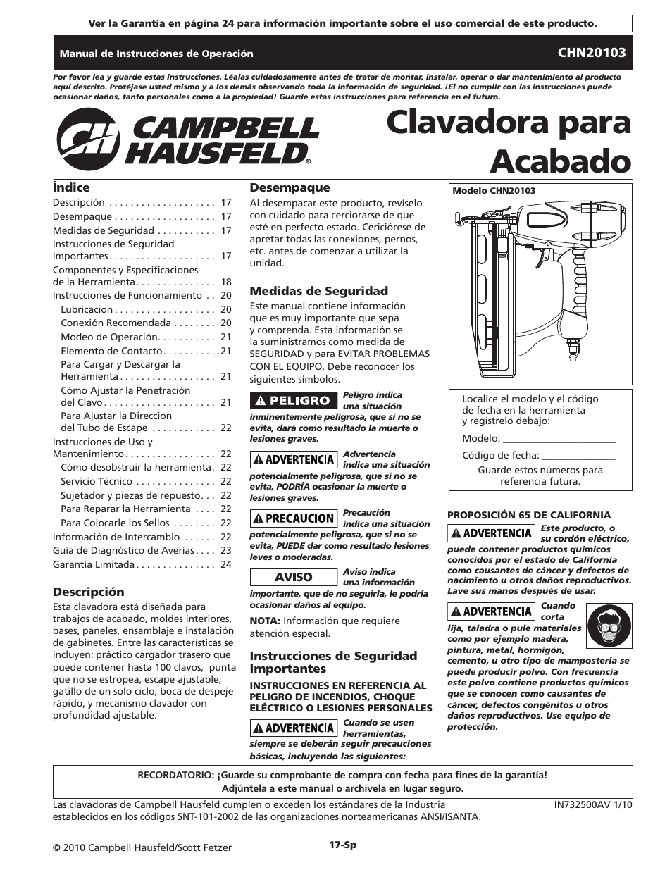 Clavadora para acabado | Campbell Hausfeld CHN20103 User Manual | Page 17 / 24