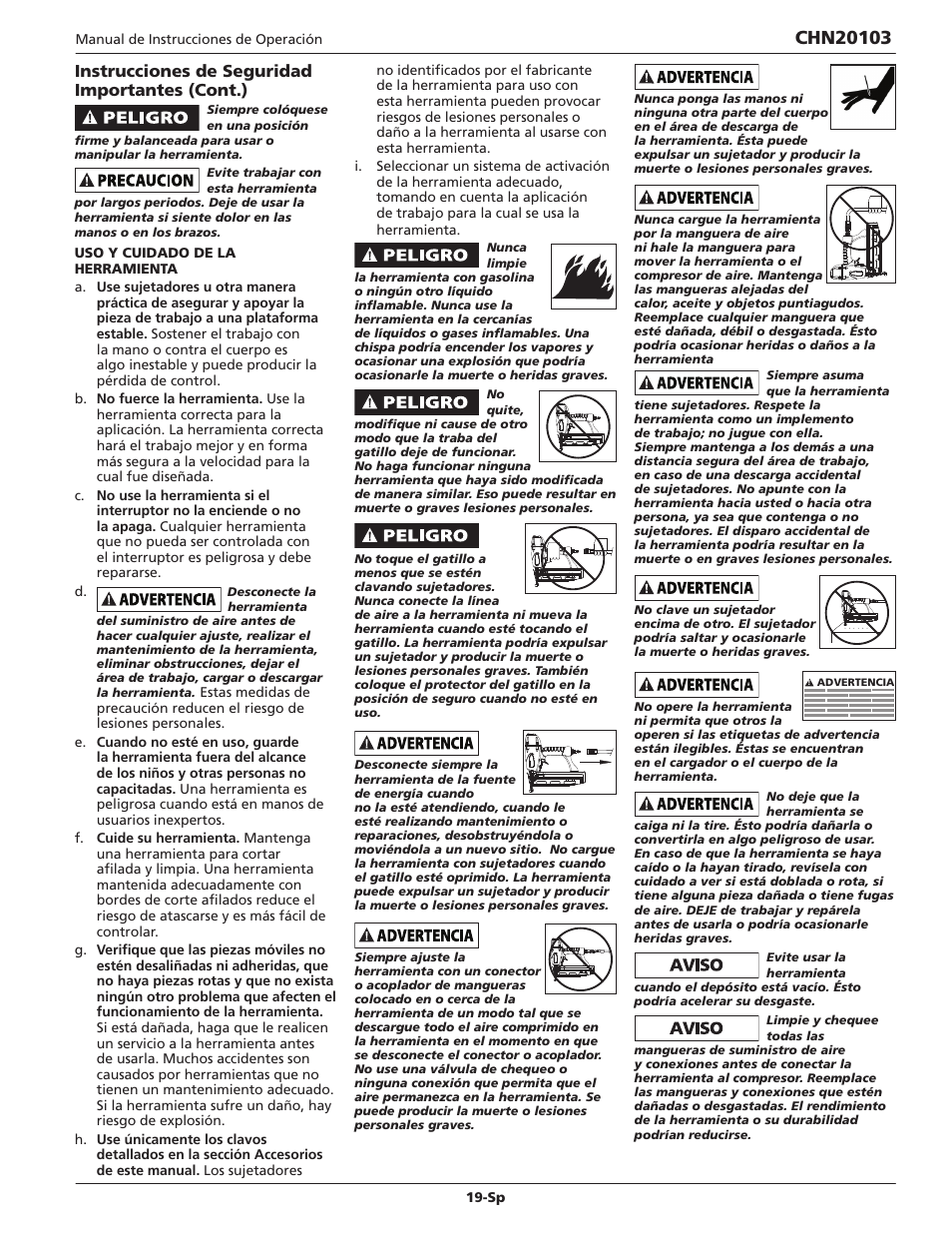Instrucciones de seguridad importantes (cont.) | Campbell Hausfeld CHN20103 User Manual | Page 19 / 24
