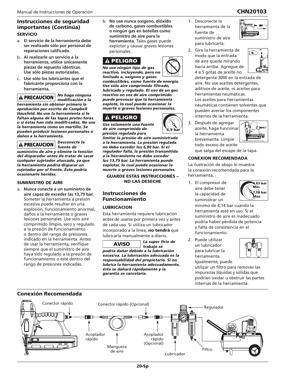 Instrucciones de funcionamiento, Instrucciones de seguridad importantes (continúa), Conexión recomendada | Campbell Hausfeld CHN20103 User Manual | Page 20 / 24